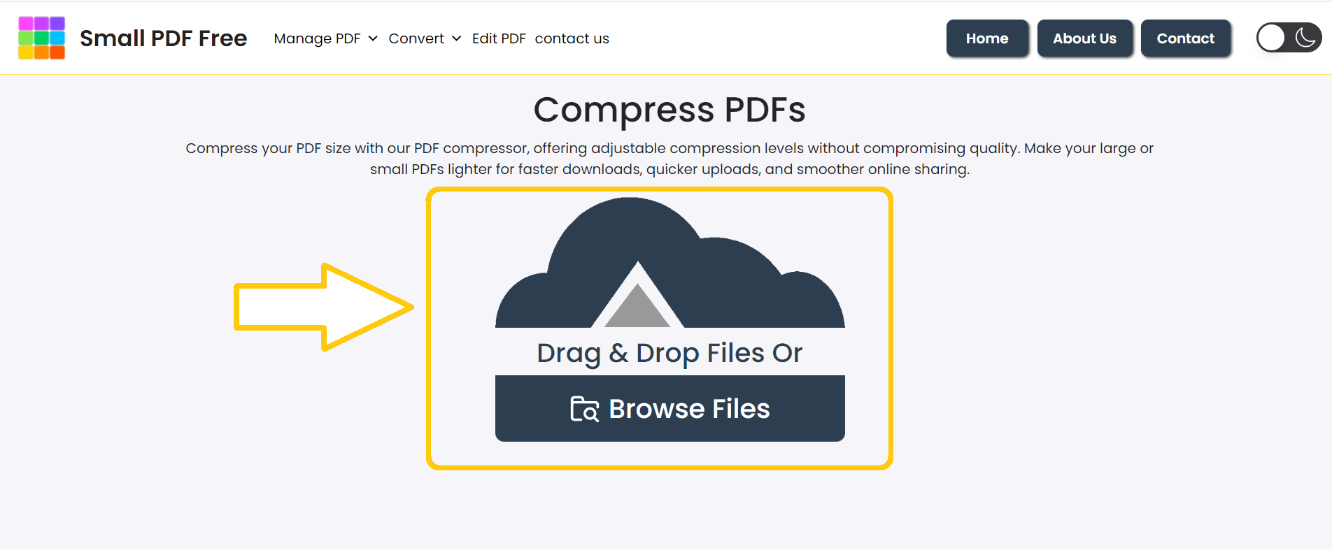 Upload PDF files by dragging and dropping or clicking the "Browse Files" button on Small PDF Free