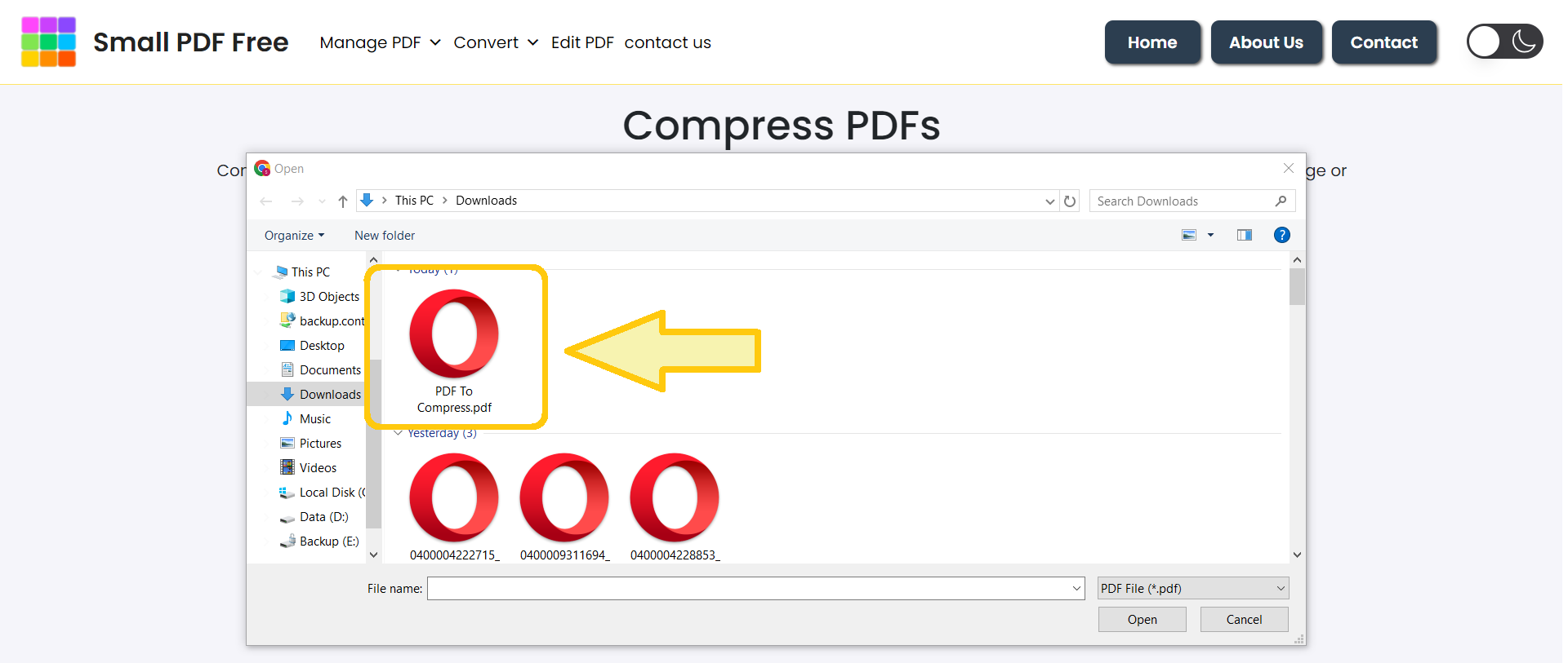 Step 02: Select the PDF file for compression on Small PDF Free.