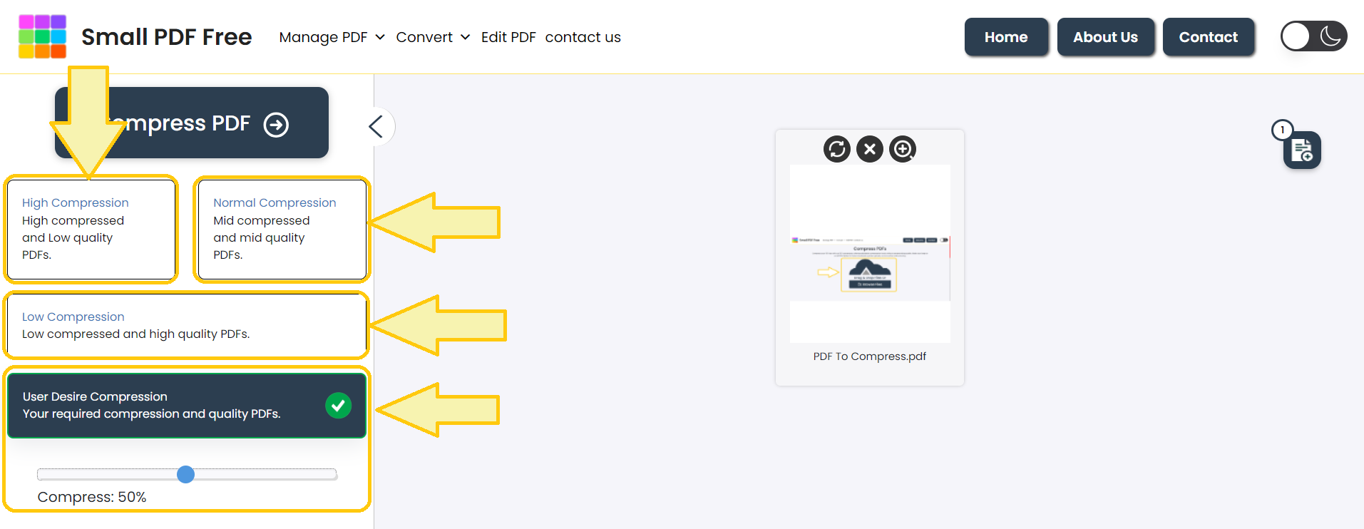 Step 03: Choose the compression level that meets your needs on Small PDF Free