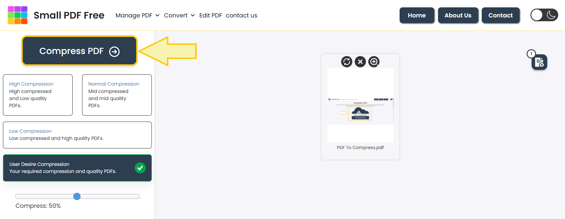 Step 04: Click "Compress PDF" to process your file in seconds on Small PDF Free