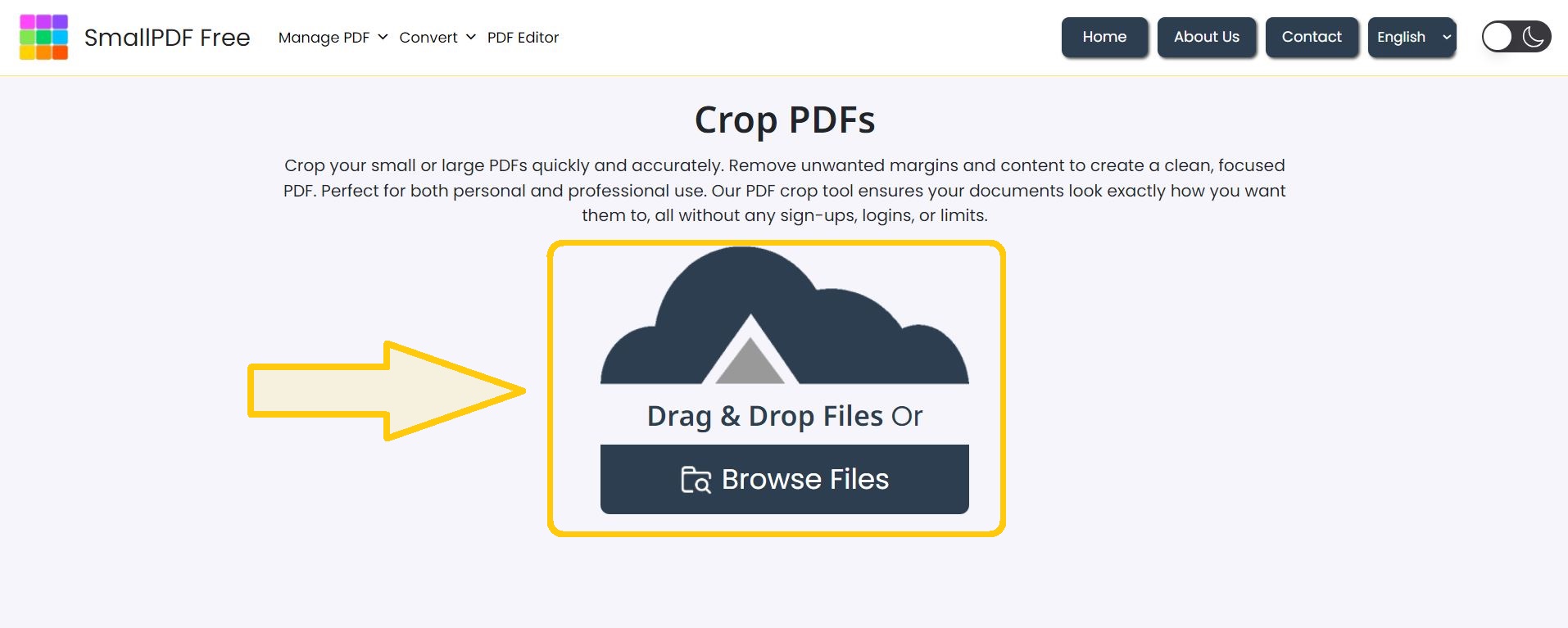 Step 1: Upload PDF File - Screenshot showing the upload button to select a PDF file for cropping.