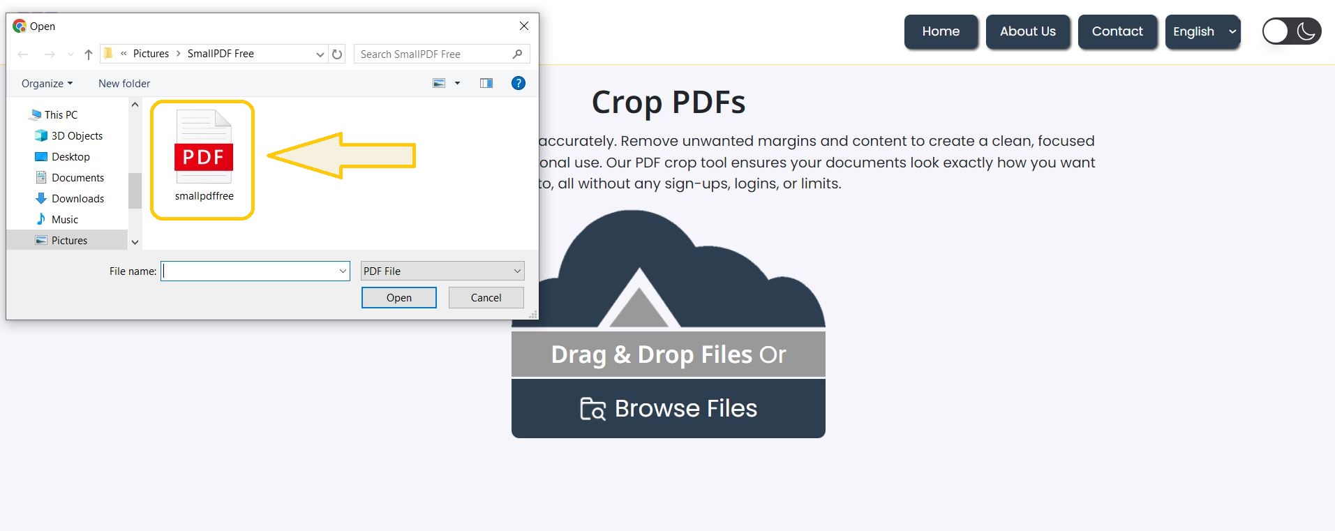 Step 2: Adjust Crop Area - Screenshot showing the cropping tool with a resizable red box to select the desired area of the PDF.