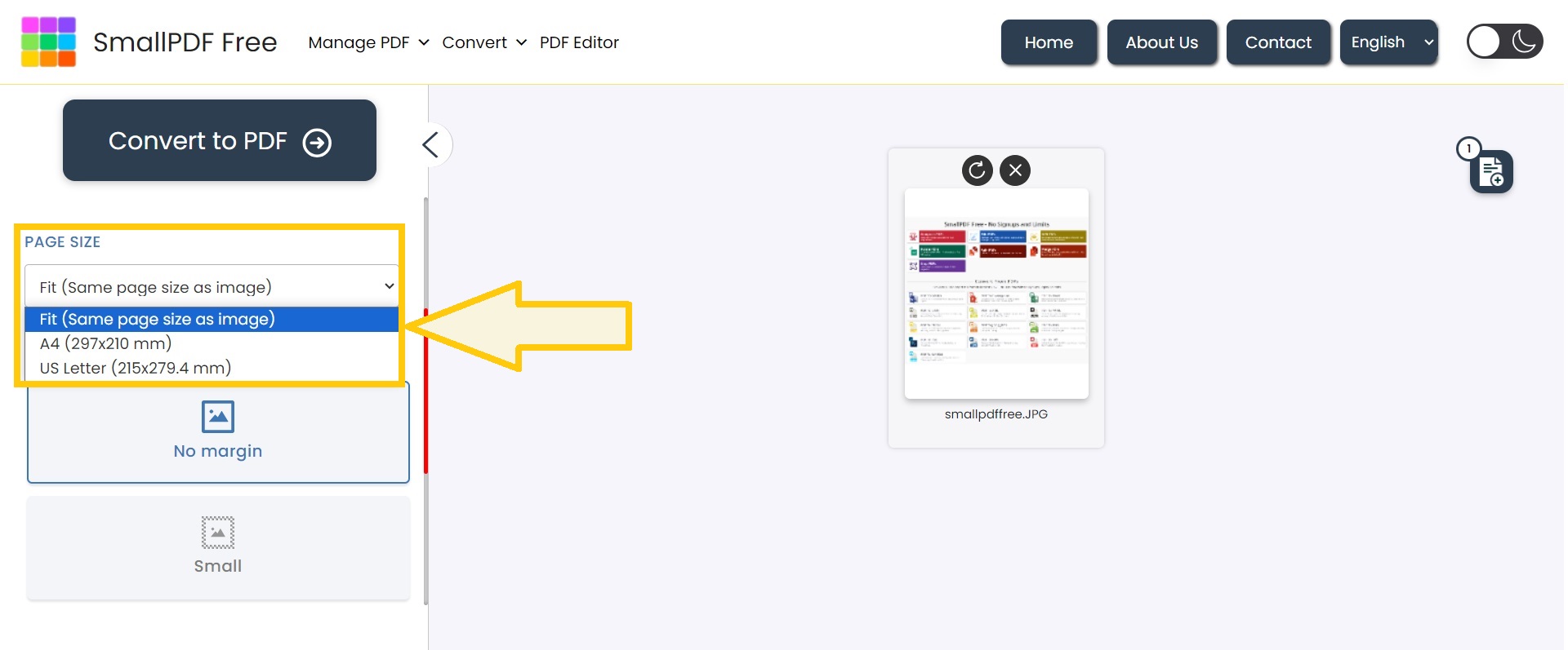 Select PDF page size for your images.