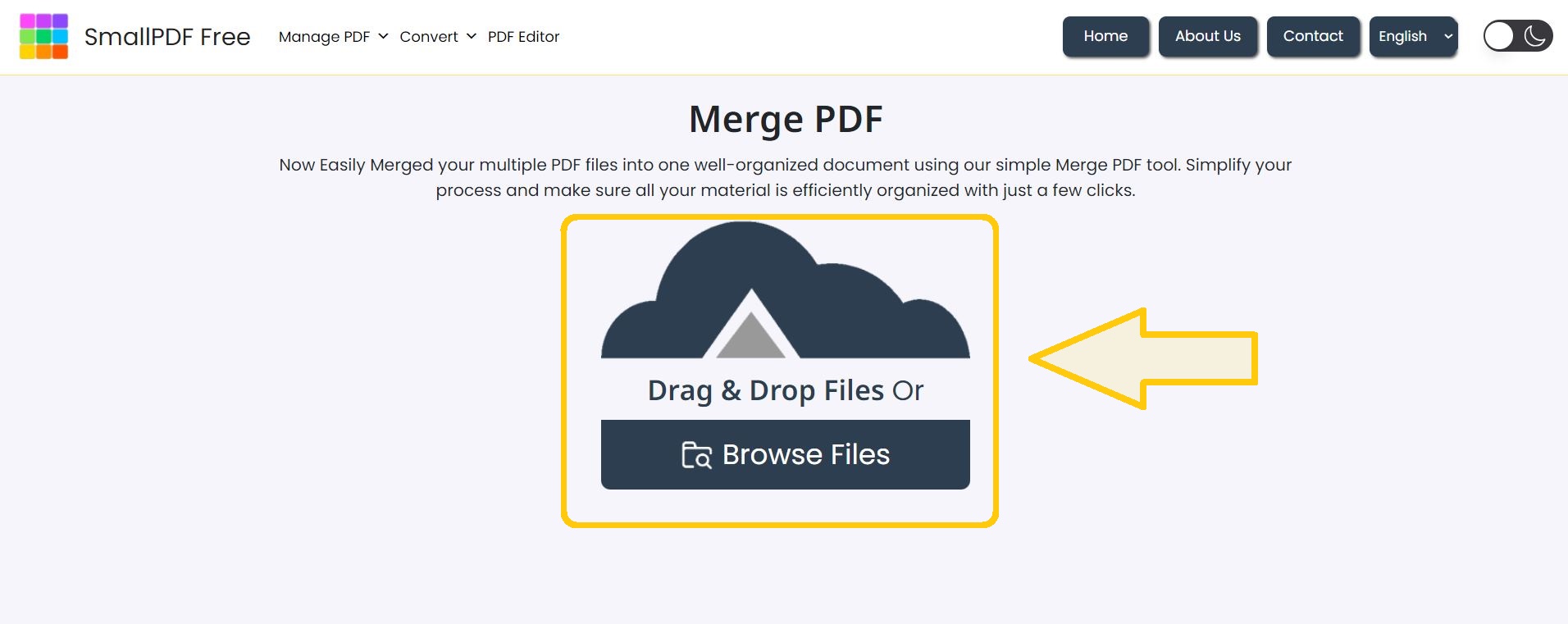 Screenshot showing the 'Choose Files' button being clicked to upload multiple PDFs for merging.