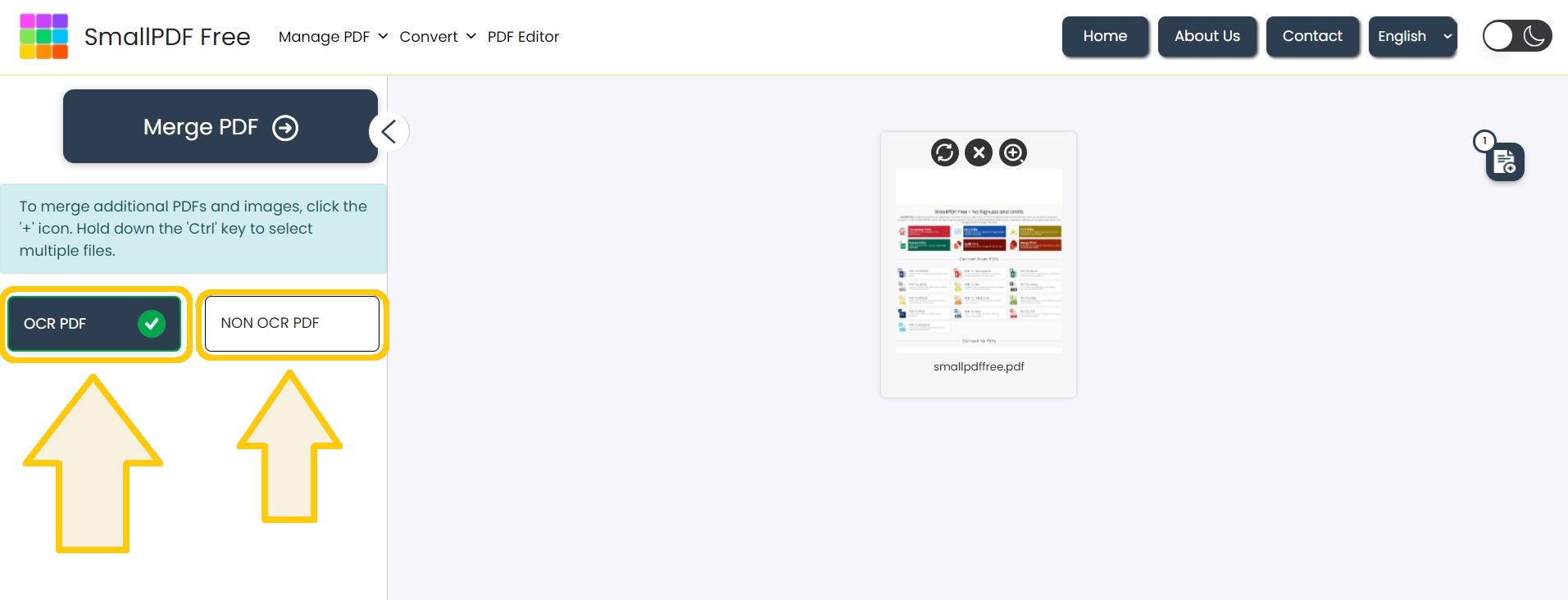 Screenshot showing the selection options for OCR or Non-OCR PDF processing.