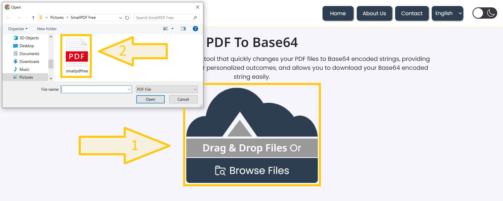 Upload PDF files for Base64 conversion.