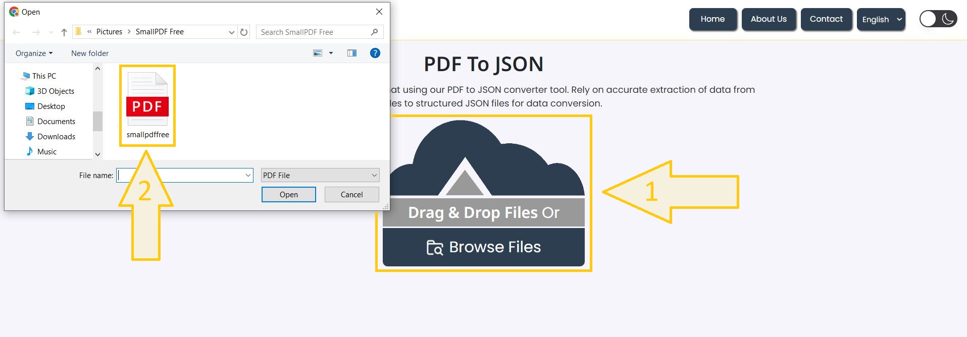 Upload your PDF file to initiate the PDF to JSON conversion.