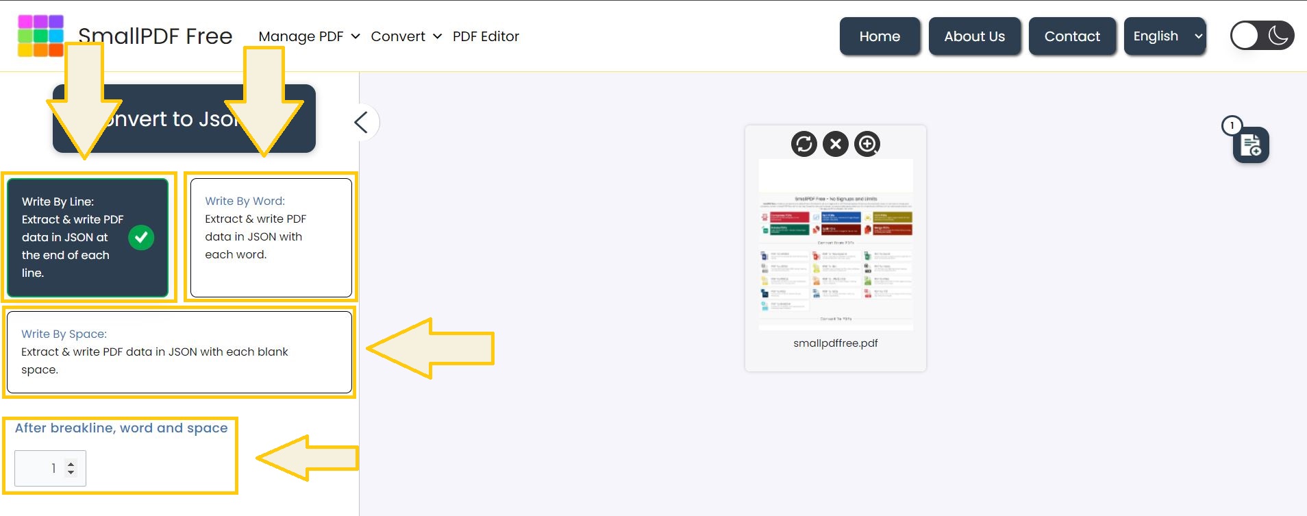 Select your conversion options to format the PDF to JSON data.