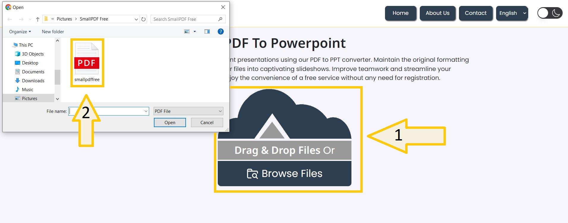 Upload your PDF document to start the PDF to powerpoint conversion process.