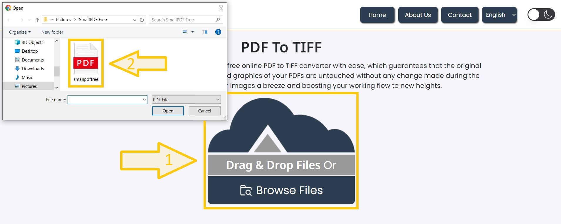 Upload PDF for TIFF conversion.