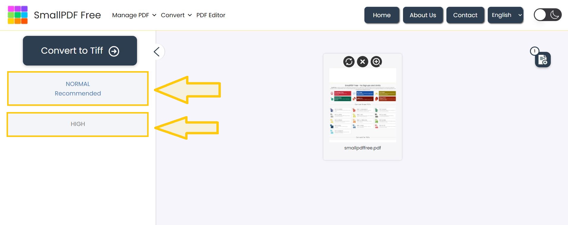 Select image quality for TIFF conversion.