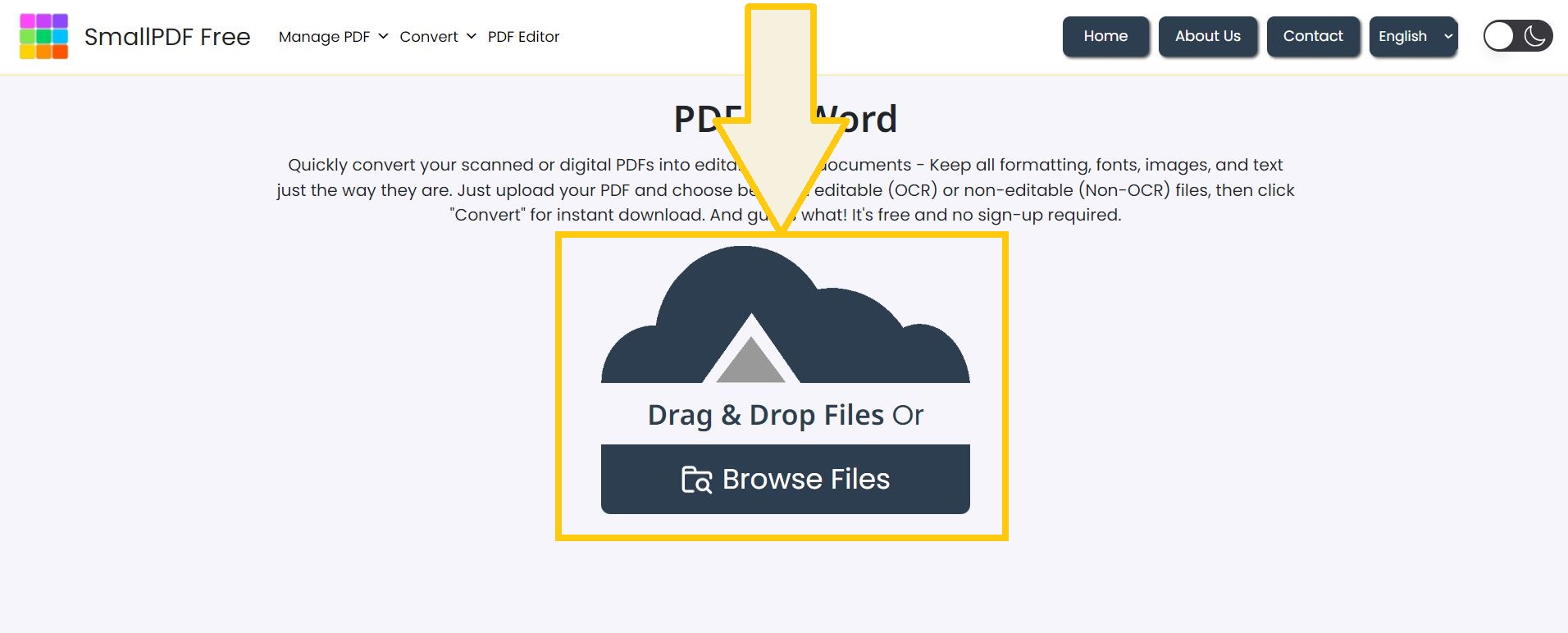 Upload PDF files for PDF to Word conversion by dragging and dropping or clicking the 'Browse Files' button.