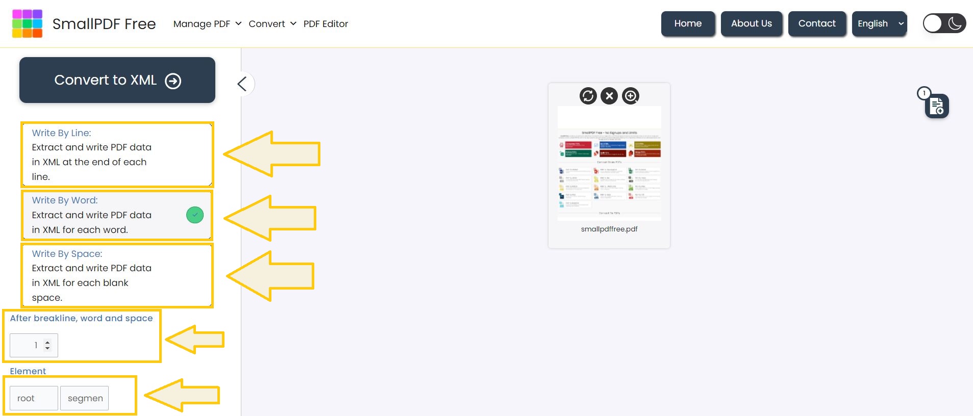 Select your extraction mode for the PDF to XML conversion.