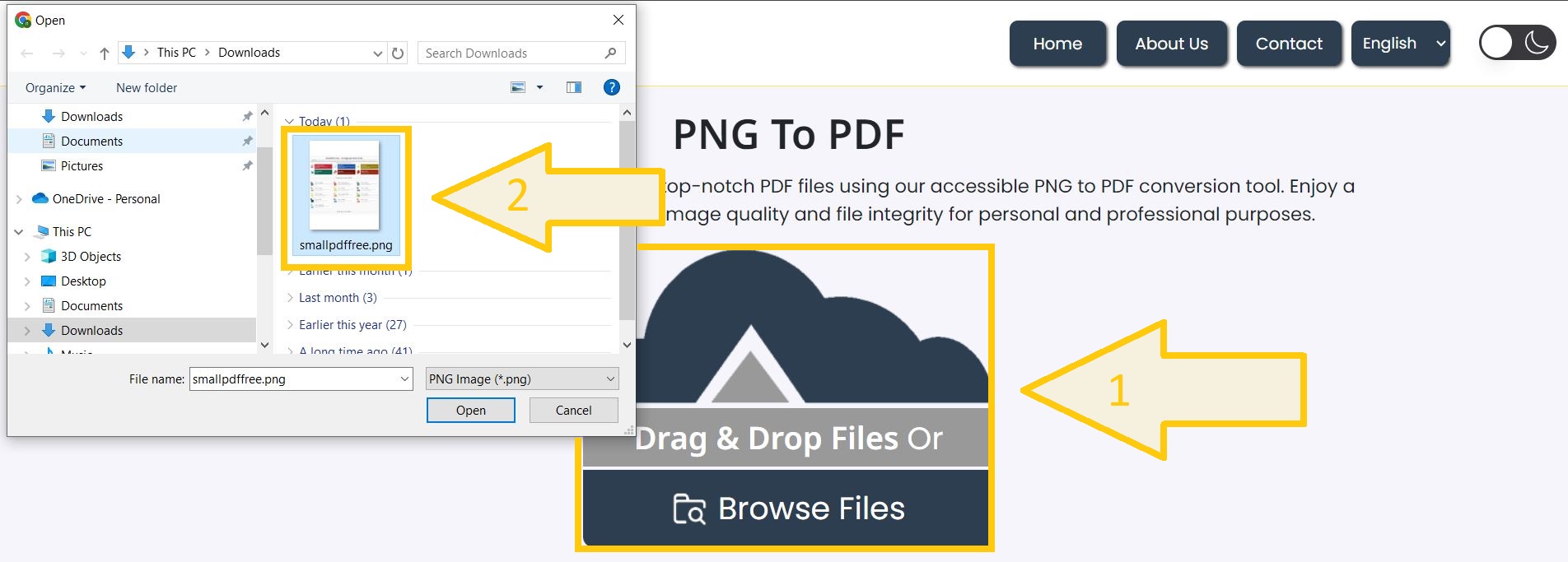 Upload PNG files for PDF conversion.