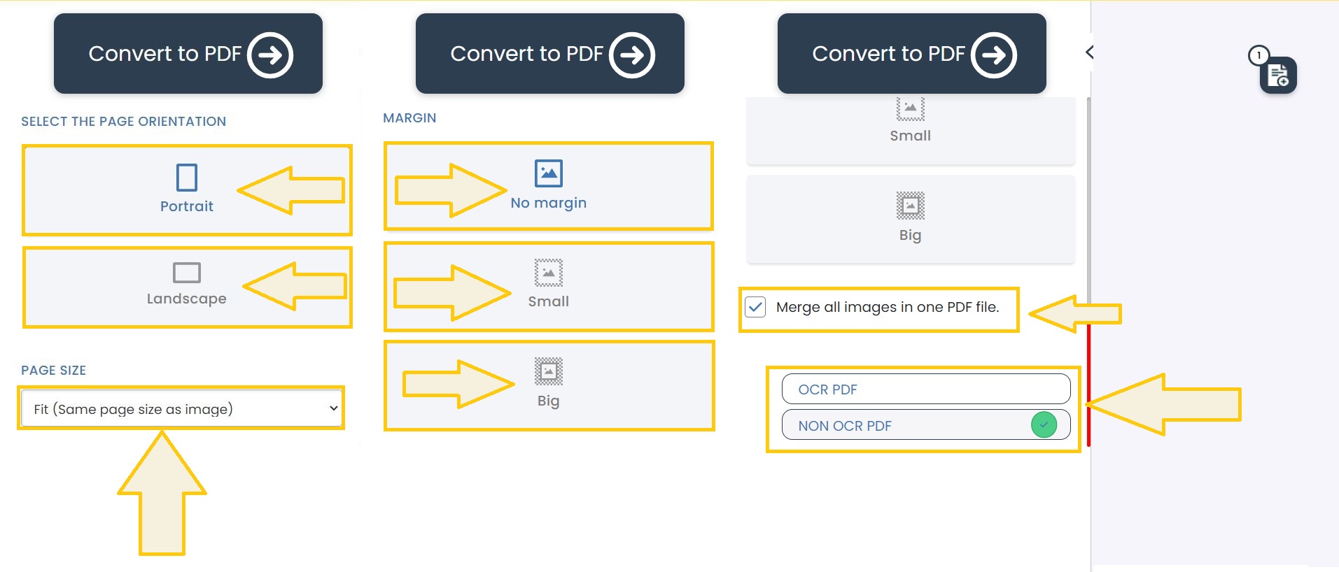 Select PDF layout, size, and options.