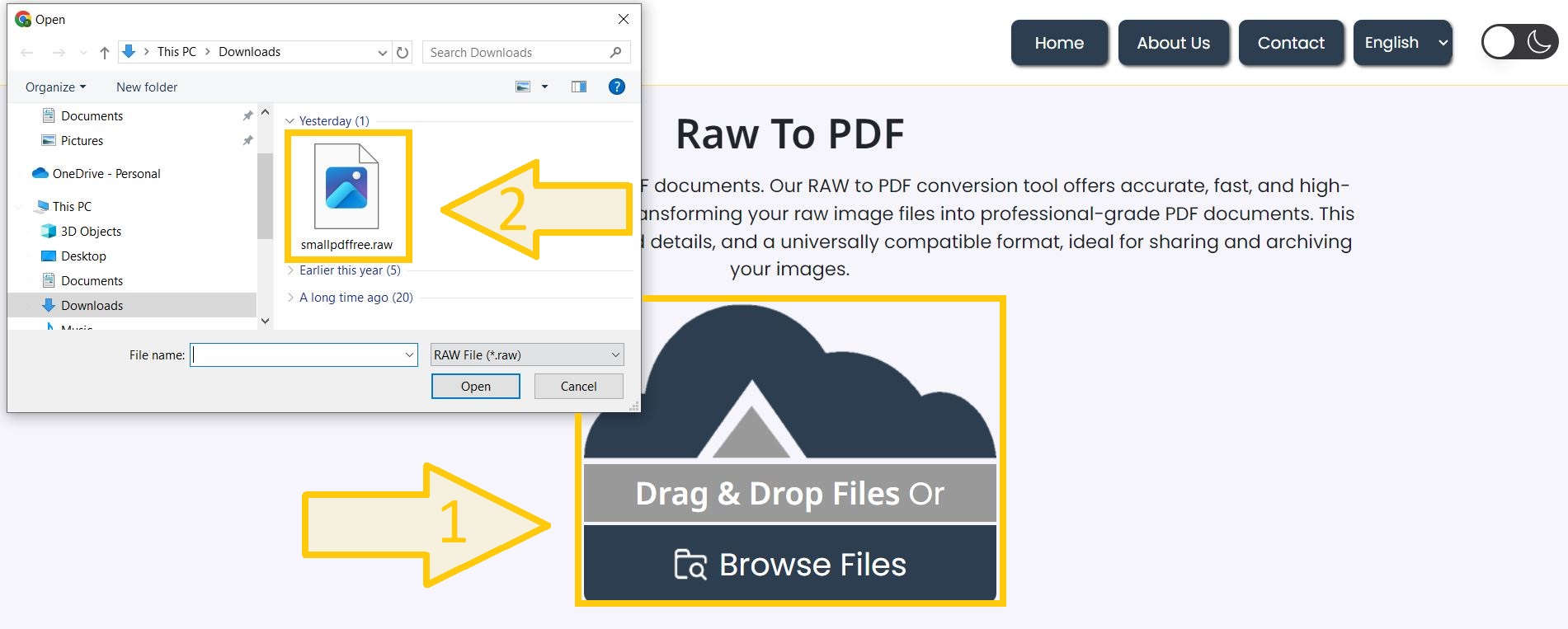 Upload RAW images for PDF conversion.