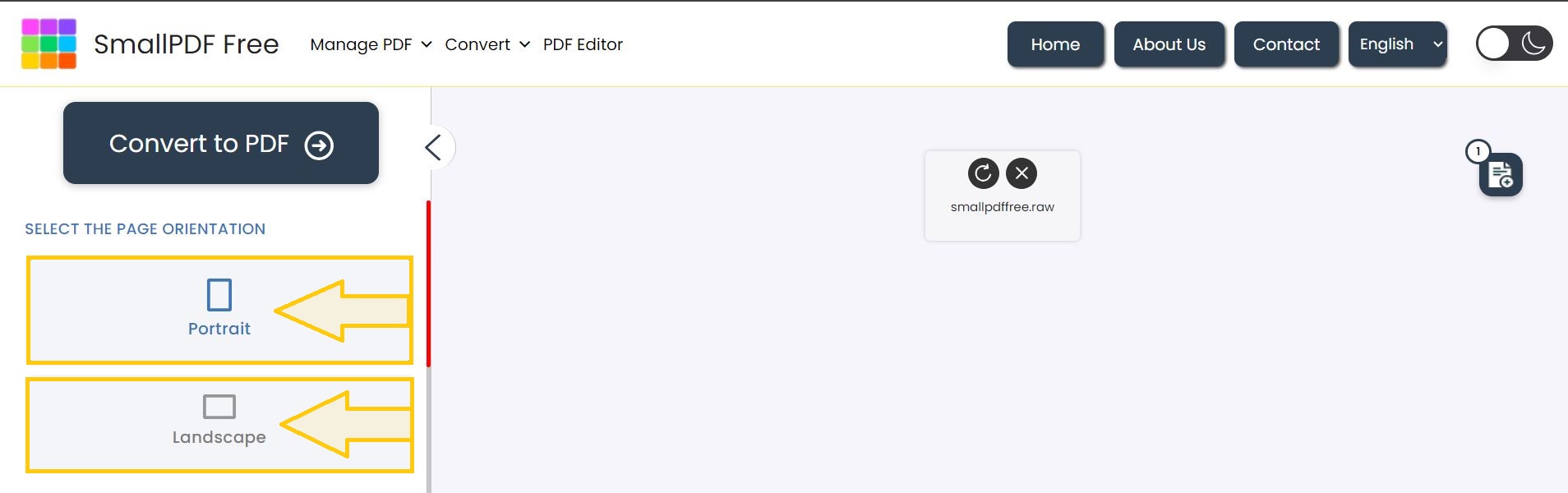 Select page orientation for PDF output.