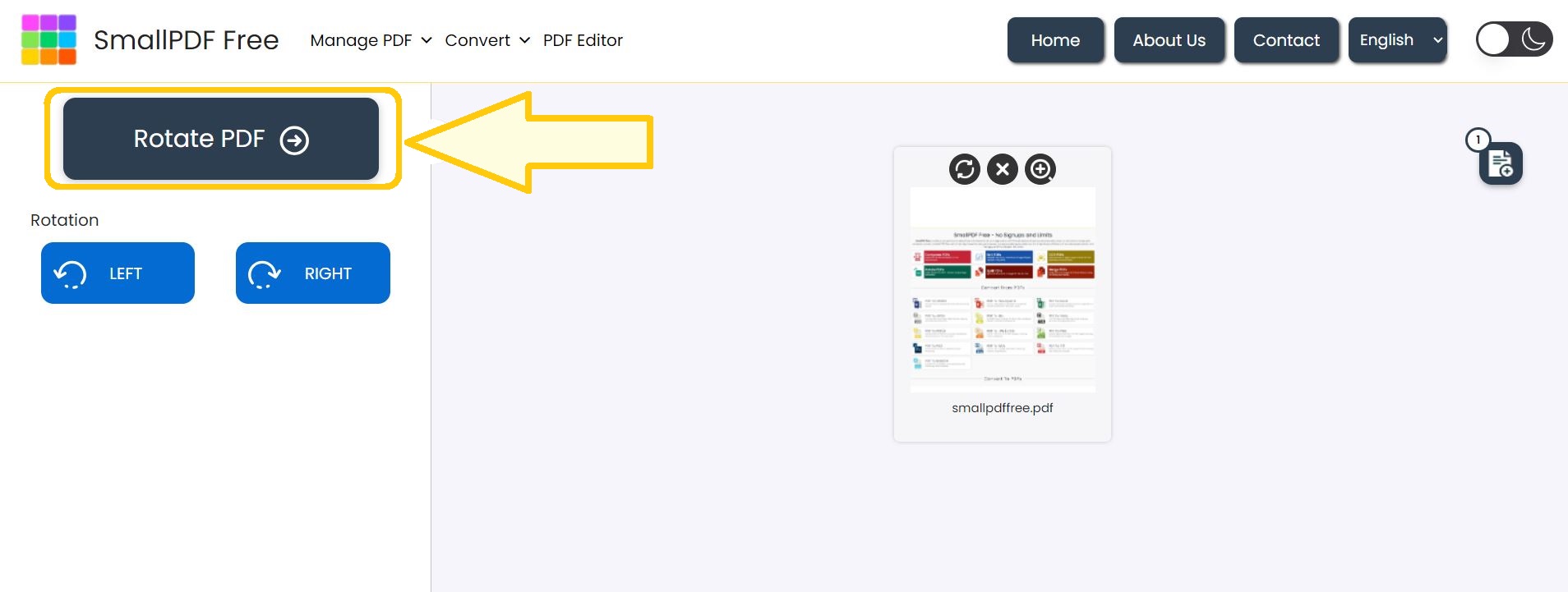 'Rotate PDF' button to start the rotation process.