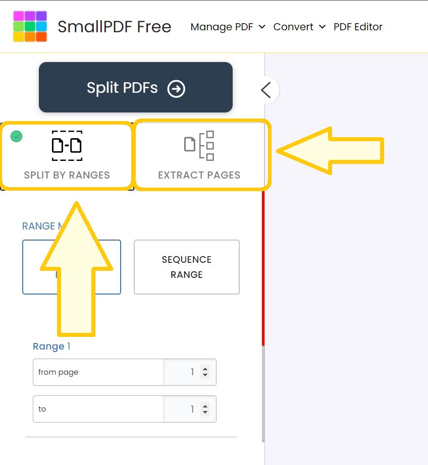 Select splitting mode: options include Split PDF, Split by Ranges, Extract Pages.