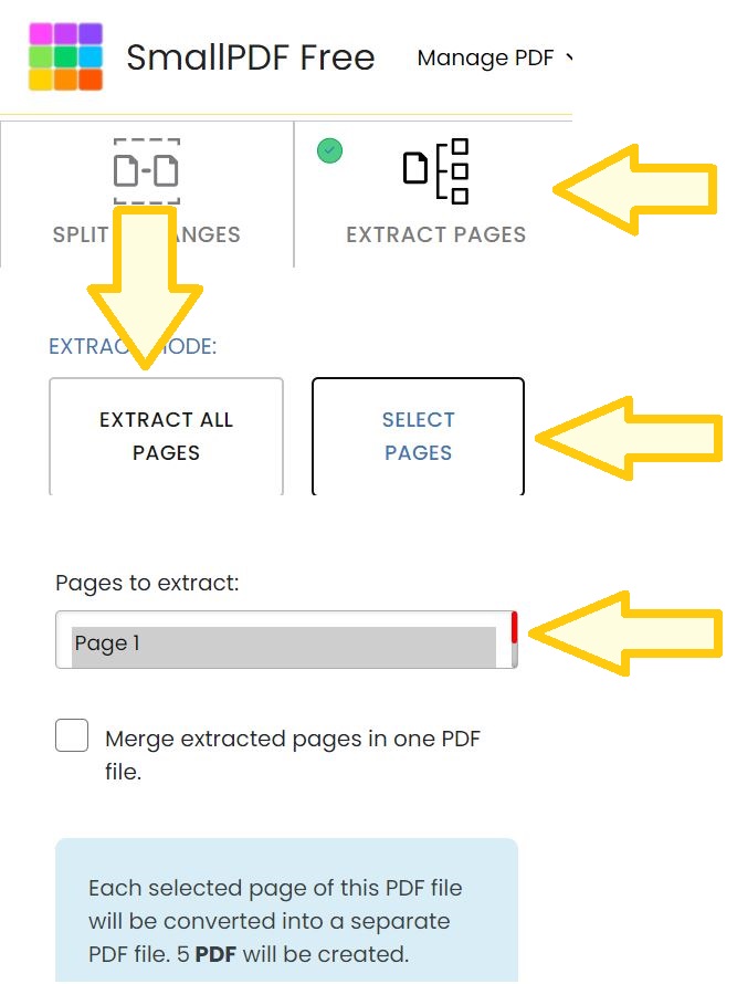 Configure splitting settings: Default, By Ranges, Extract All Pages, Select Pages.