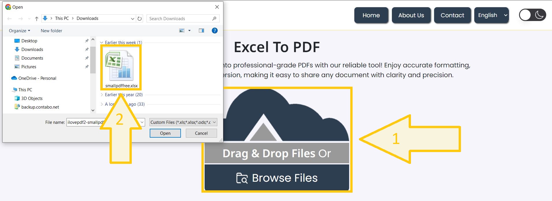 Upload Excel files for PDF conversion.