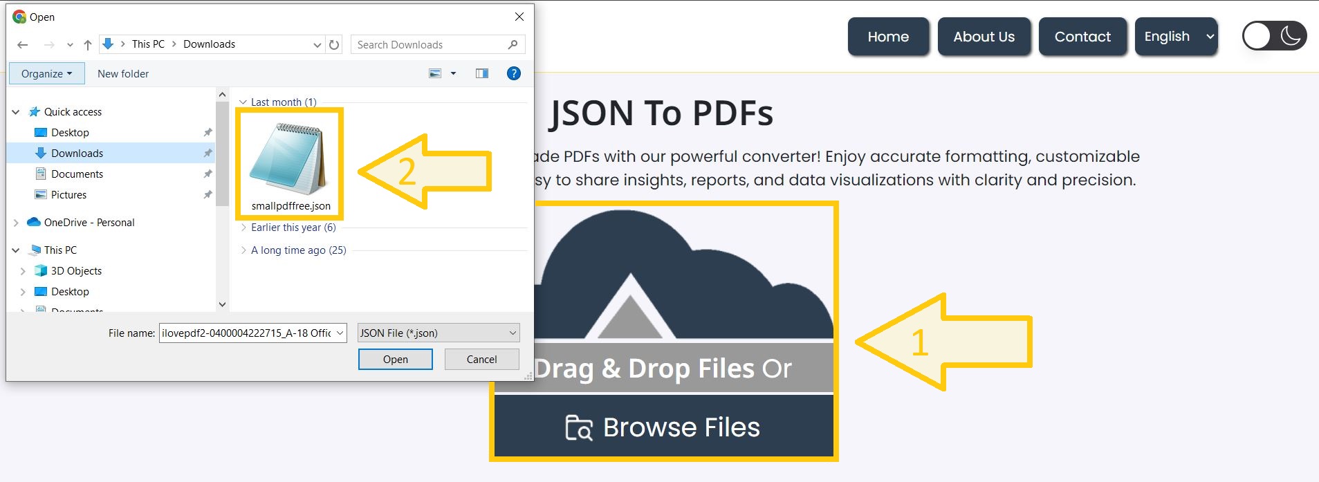 Upload JSON file for PDF conversion.