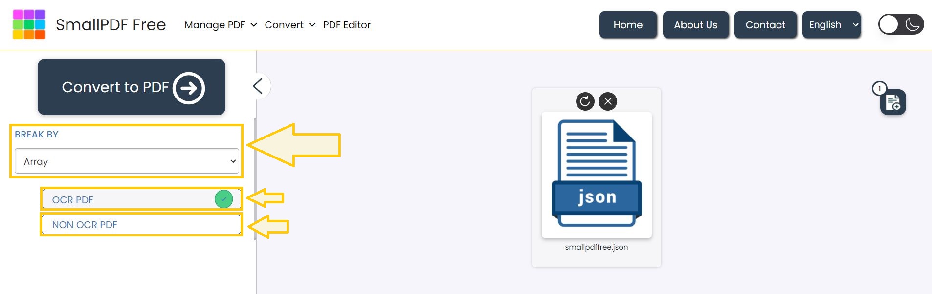 Choose JSON to PDF conversion options.