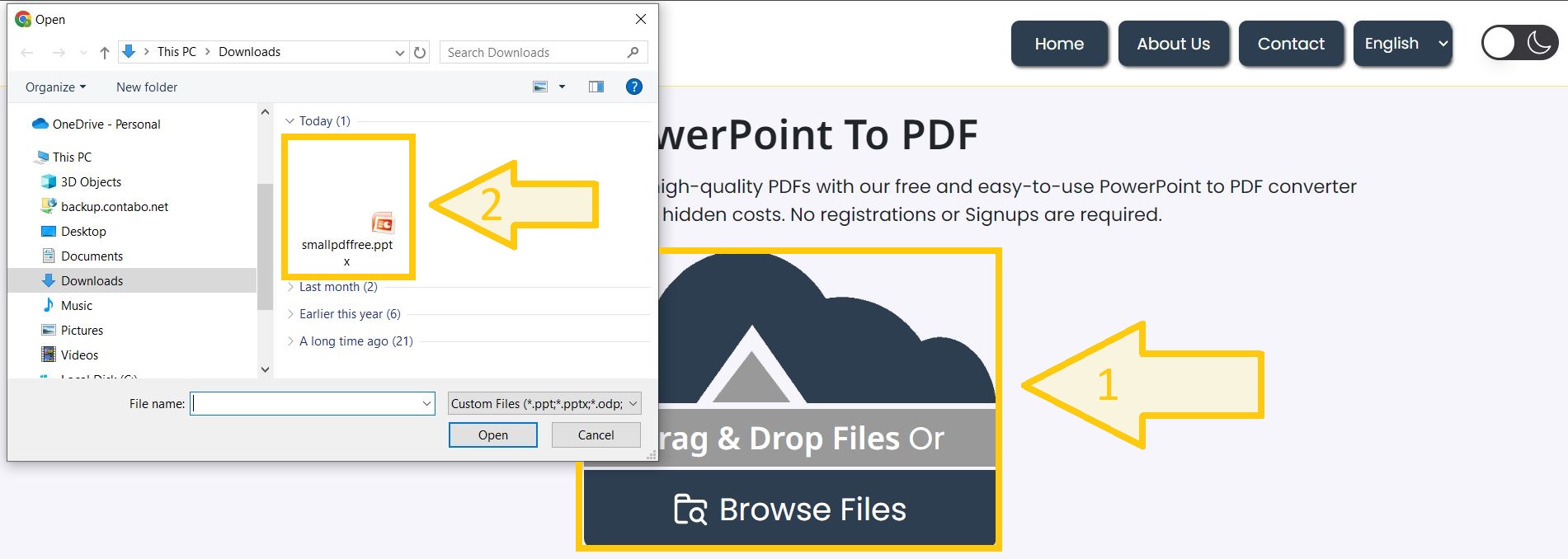 Upload PowerPoint files to convert to PDF.