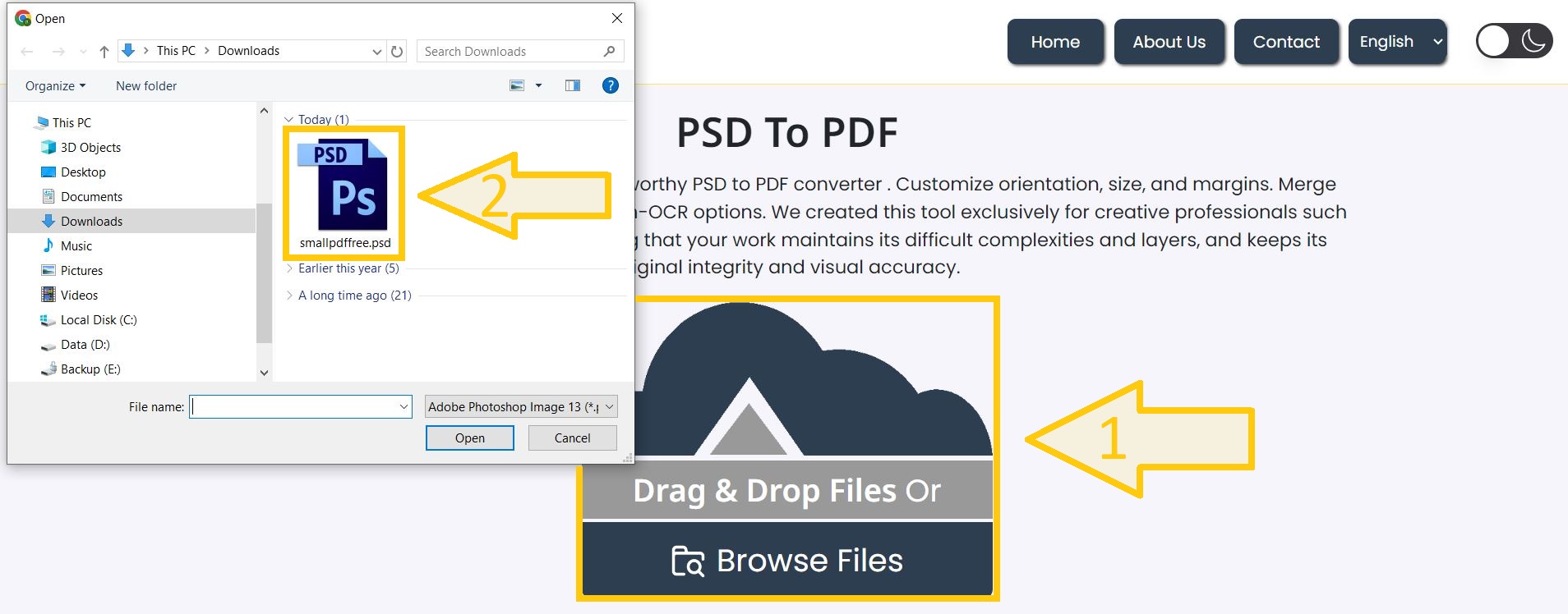 Upload PSD files for PDF conversion.