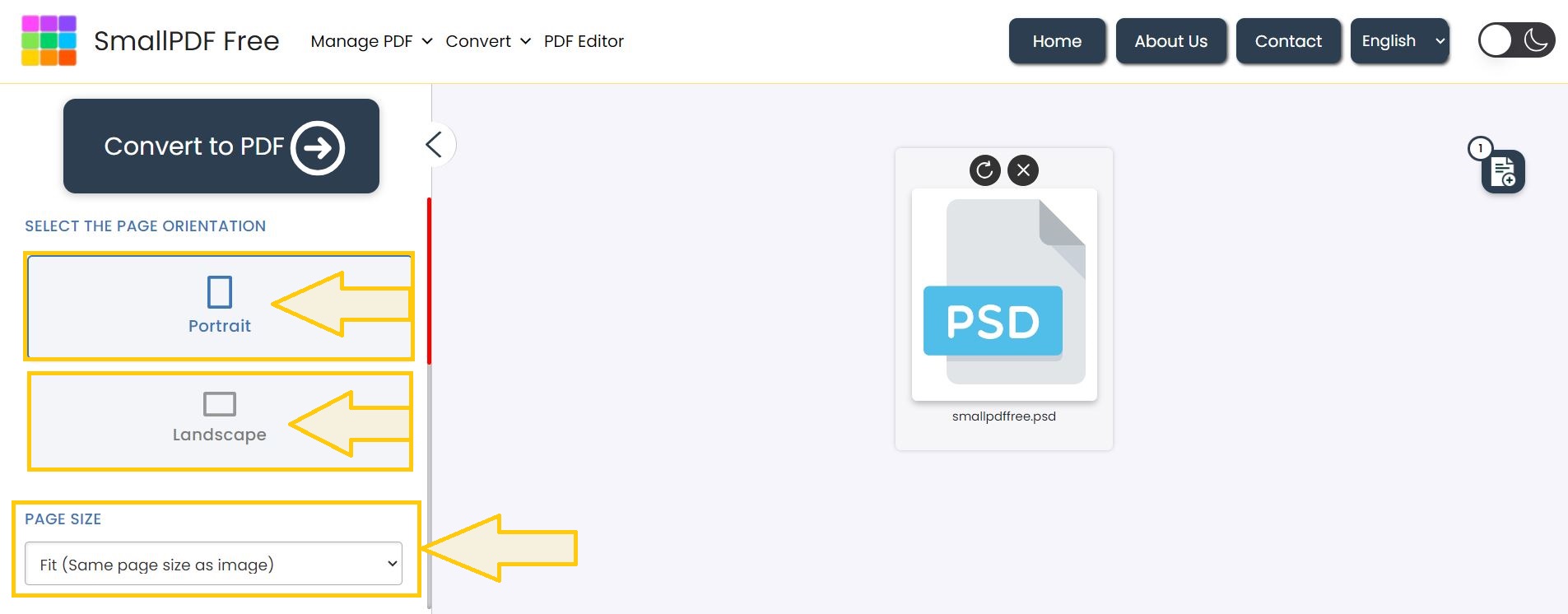 Select PDF page orientation, size, margins and other settings