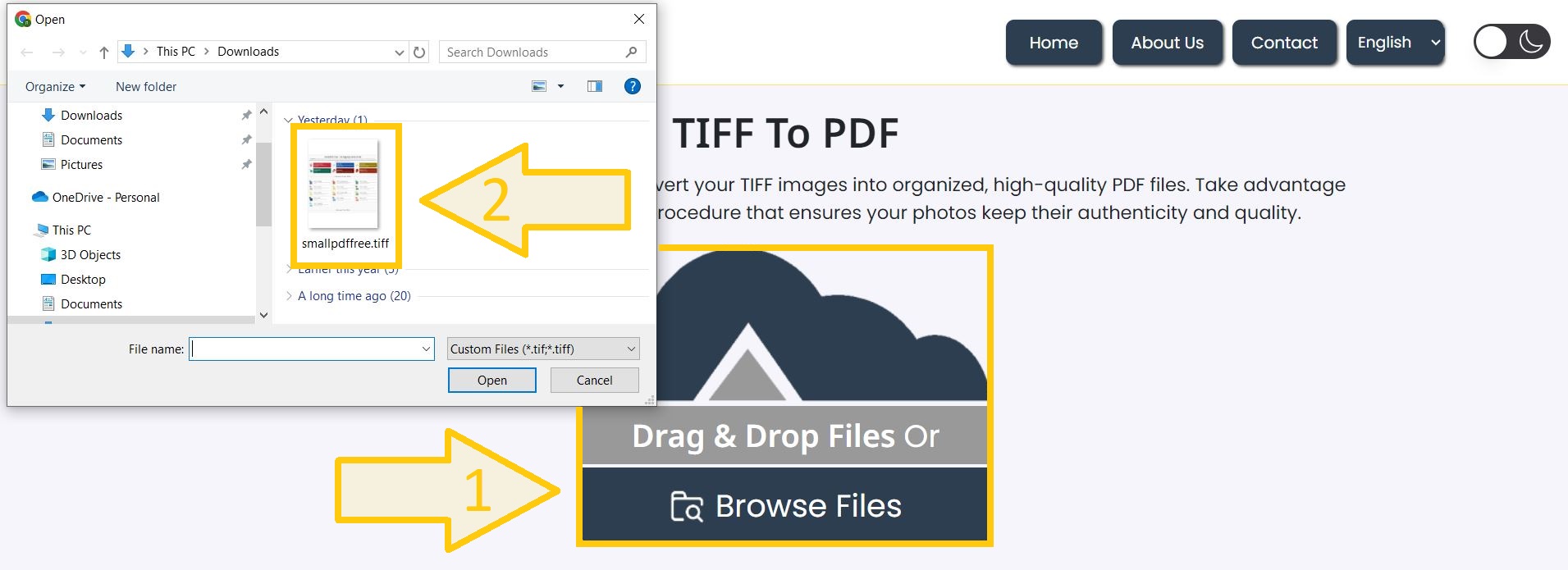 Upload TIFF images for PDF conversion.