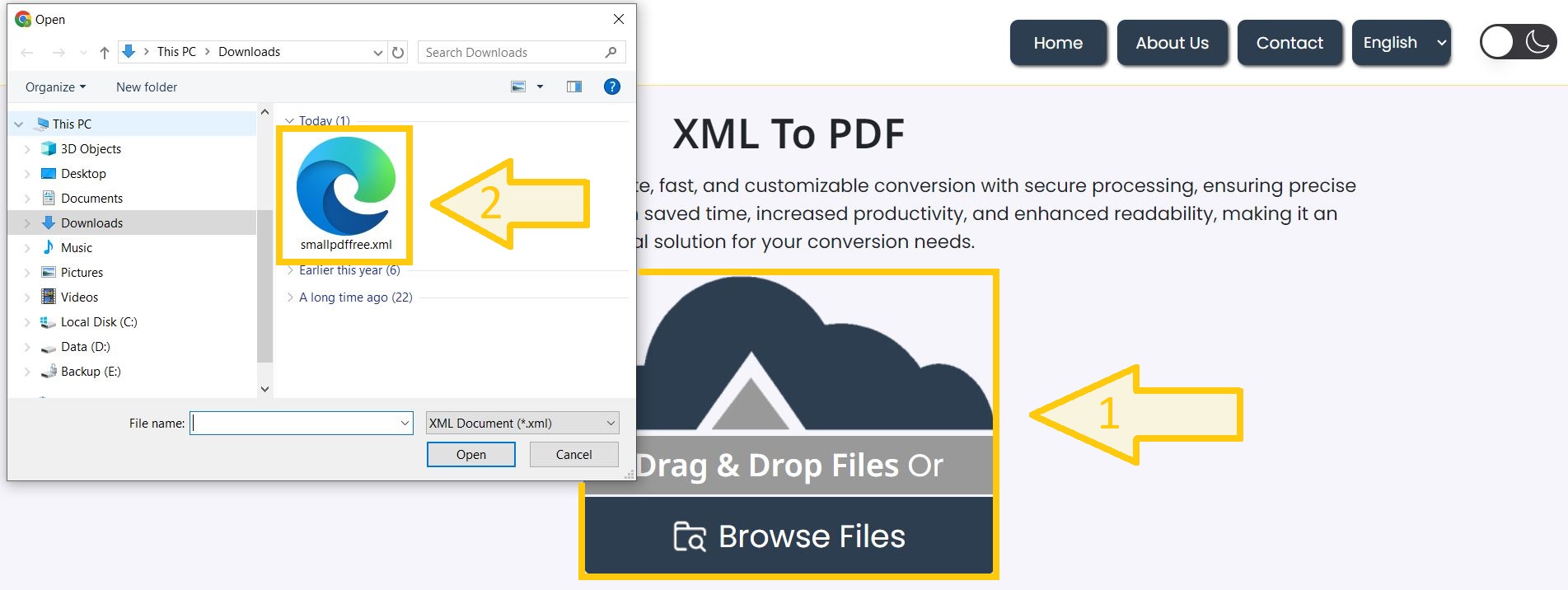 Upload XML files for PDF conversion.